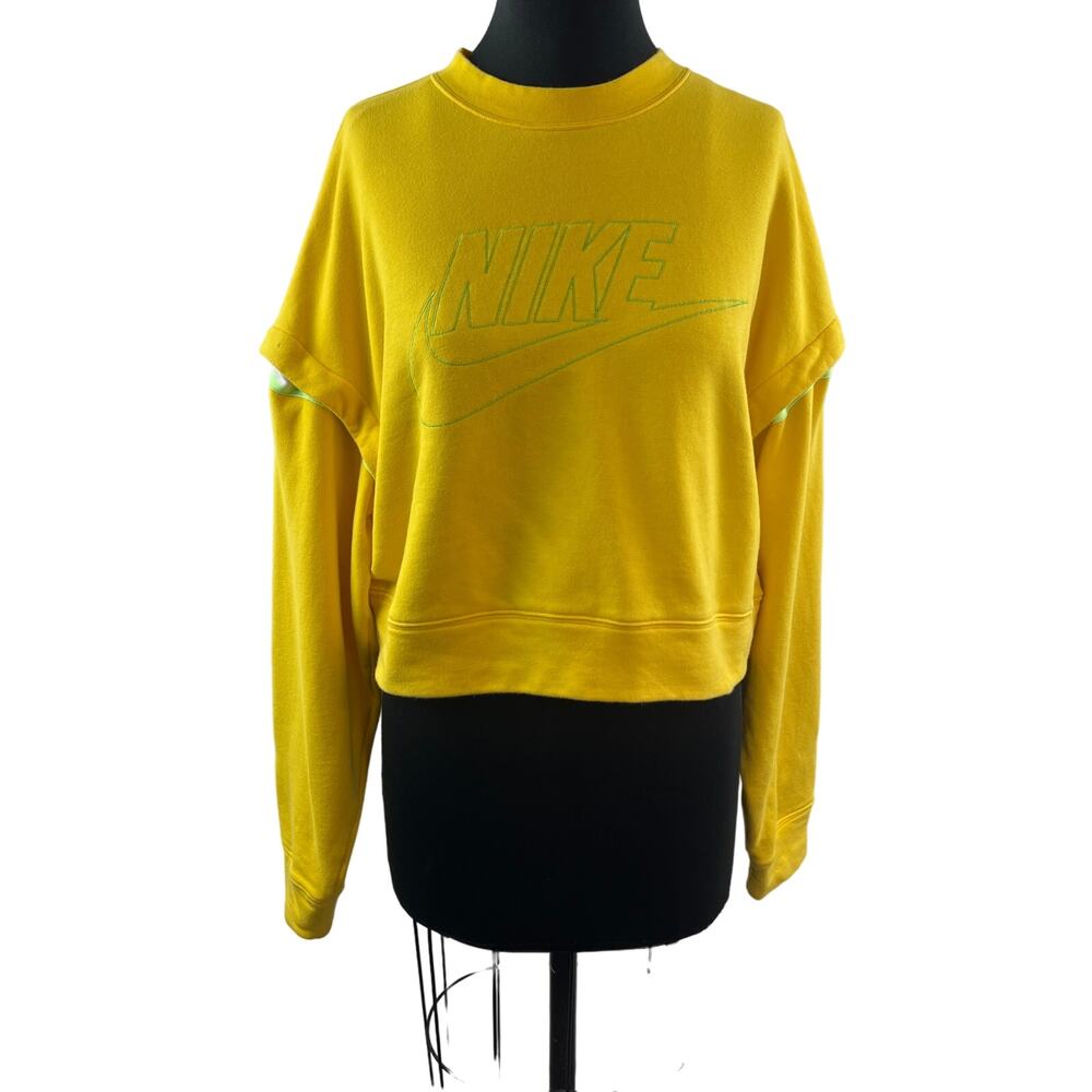 NIKE Yellow Green Cropped Sweatshirt Cotton Snap Detachable Sleeve Size Medium M - Picture 3 of 14